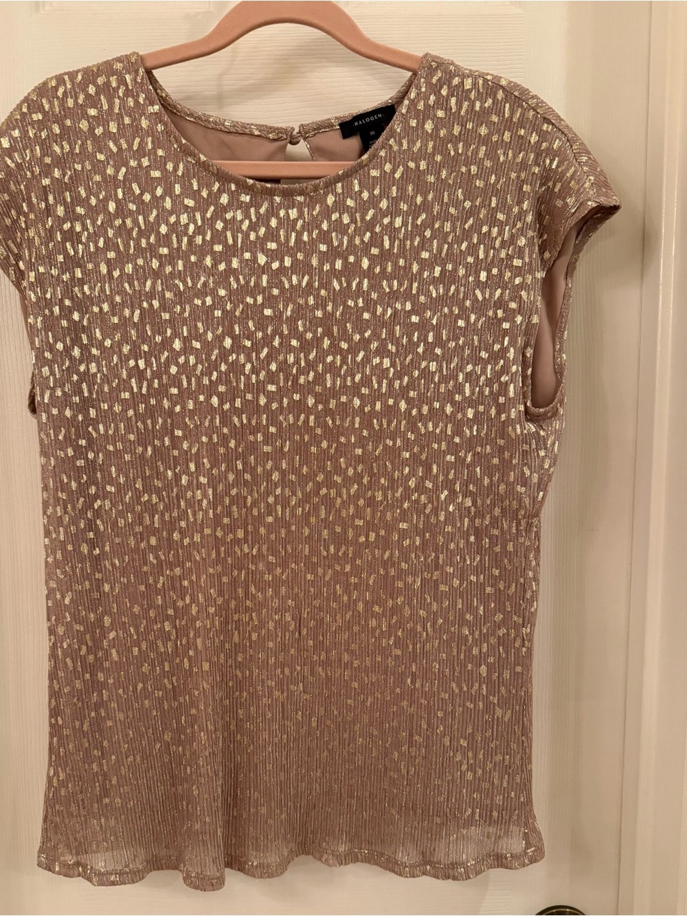 Halogen Metallic Print Plisse Cap Sleeve Shell Blouse M Champagne Gold
